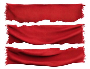 Three red fabric strips, torn and draped, against a white background