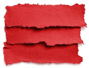Three overlapping, torn pieces of vibrant red paper against a white background