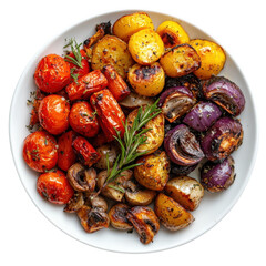 Roasted vegetables including tomatoes potatoes mushrooms and red onions served in a white bowl garnished with fresh rosemary and thyme sprigs on transparent background