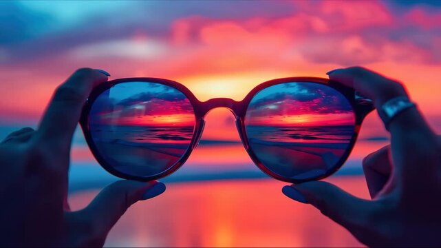 Travel and vacation concept. ocean reflection in glasses. Lazur turquoise sea in the background with copy space.