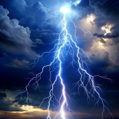 Powerful blue lightning bolt illuminates dramatic stormy sky with clouds