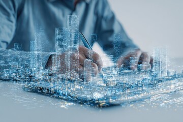 Person with hands over a tablet, digital city model, design work