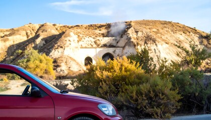Red car in front of a tunnel in a desert landscape