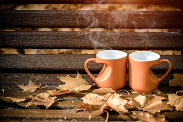 two heart shaped mugs with tea on a Park bench