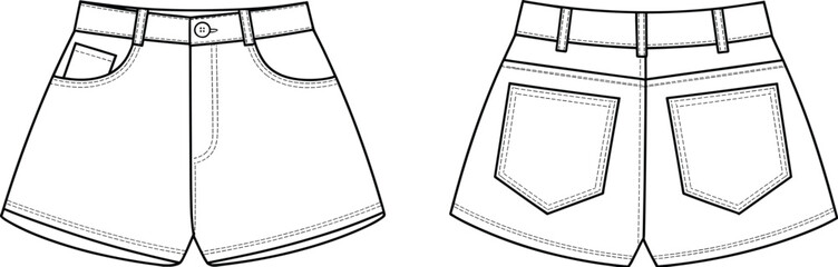 Flat technical fashion vector illustration of unisex casual shorts with waistband, zipper fly, pockets, belt loops, front and back garment views