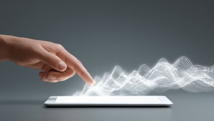 Hand touching a tablet with abstract data waves