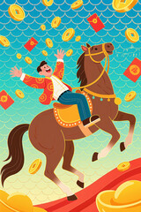 A flat and minimalist illustration concept poster for the Year of the Horse, ready to welcome wealth and prosperity