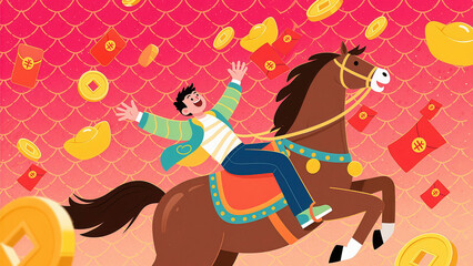 A flat and minimalist illustration concept poster for the Year of the Horse, ready to welcome wealth and prosperity