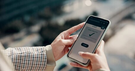 Person, hands or online shopping with phone screen for food menu, takeaway or delivery. Closeup, top view or shopper browsing restaurant with mobile smartphone for ecommerce app or order confirmation - Powered by Adobe