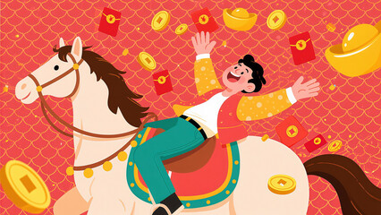 A flat and minimalist illustration concept poster for the Year of the Horse, ready to welcome wealth and prosperity