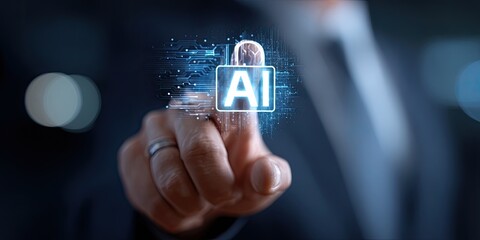 A hand touches a holographic AI icon superimposed on a dark background