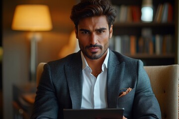 Contemplative Indian businessman analyzes data on a tablet in a modern office, reflecting a strategic approach to decision-making, Generative AI