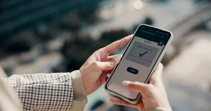 Person, hands or online shopping with phone screen for food menu, takeaway or delivery. Closeup, top view or shopper browsing restaurant with mobile smartphone for ecommerce app or order confirmation