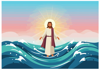 Jesus in a white robe walks on water under a radiant yellow sun