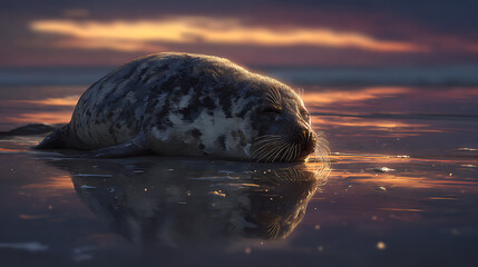Obraz premium A lifelike seal rests on wet sand, its glossy skin catching the twilight glow as orange light reflects on the waves.