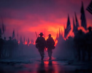 Silhouettes of military personnel in formation with American flags, parade or memorial ceremony scene for Veterans Day
