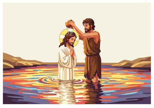 John baptizes Jesus in a river a halo over his head Desert landscape in background digital art style