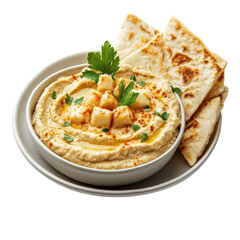 Creamy hummus topped with cubed potatoes and parsley served with warm pita bread on a plate against a perfect for sharing on transparent background