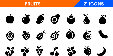 Vector Fruit Pictogram Collection , Black Silhouette Glyph Icons of 21 Popular Fruits for Graphic and Digital Design