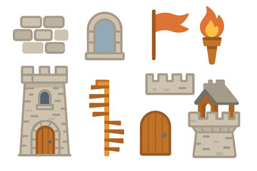 Naklejka premium Ancient Watchtower Icons. Flat vector mini-illustrations ancient watchtower in colors children's illustrations: stone bricks,