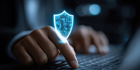Close-up of hands hovering over a holographic shield