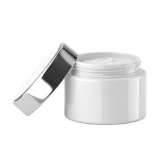 Sleek white cream jar with reflective silver lid isolated for beauty product packaging and skincare transparent background