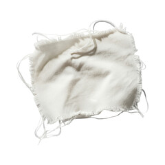 Frayed white fabric square with loose threads on transparent background
