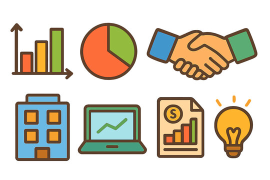 Business Strategy Icons. Flat vector mini-illustrations business strategy in colors children's illustrations: bar chart, pie chart