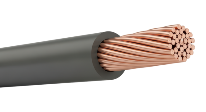 Close-up image of copper electrical wire with black insulation