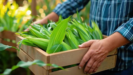 Hands gently cradle a wooden crate filled with bright green corn on the cob, showcasing the harvest process in a lush garden setting, celebrating the essence of fall - Powered by Adobe