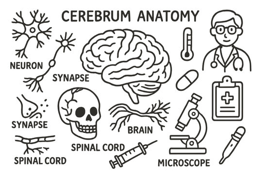 Cerebrum Anatomy Doodles. Hand-drawn doodle illustration cerebrum anatomy cerebrum, brain, neurons, synapse, nerve, spinal cord,