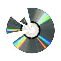 Broken compact disc with iridescent reflection and shattered pieces