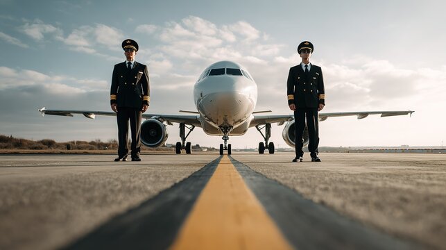 Two pilots in uniform stand on  airport tarmac beside  commercial airplane under  cloudy sky - Powered by Adobe
