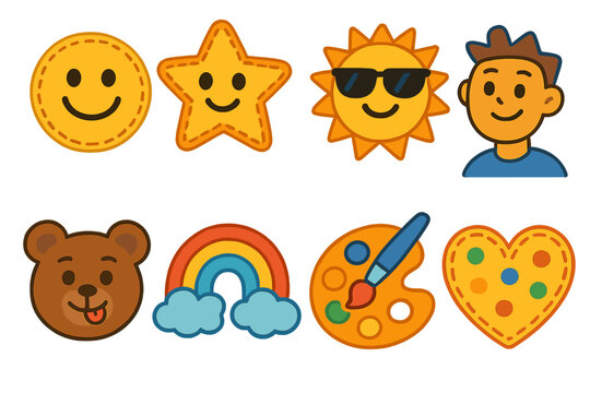 Children's Emotion Patches. Flat vector mini-illustrations patch emotions in colors children's illustrations: happy patch, funny