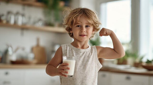 Blonde haired boy holding  glass of milk and flexing his bicep in  bright modern kitchen