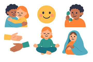Children's Emotional Support Icons. Flat vector mini-illustrations pandemic emotional support in colors children's illustrations: