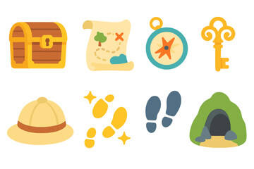 Adventure Icons Grid. Flat vector mini-illustrations portal and adventure in colors children's illustrations: treasure chest, map