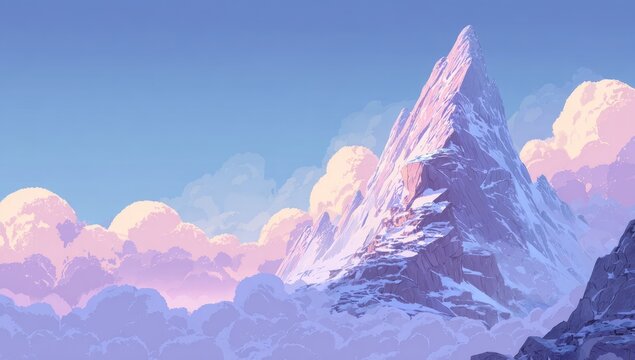 Snowy mountain peak piercing pastel clouds