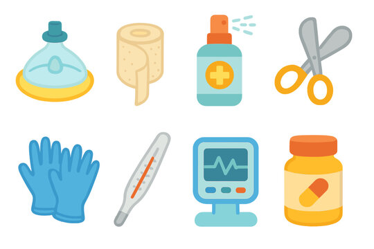Children's First Aid Icons. Flat vector mini-illustrations ambulance first aid in colors children's illustrations: CPR mask,