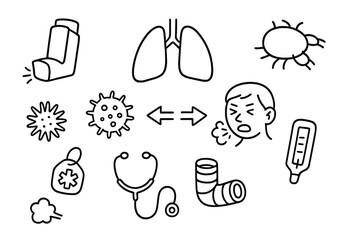 Asthma Doodle Icons. Hand-drawn doodle illustration asthma inhaler, lungs, allergen, dust mite, pollen, asthma attack icon,