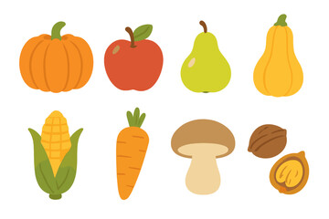 Autumn Harvest Icons. Flat vector mini-illustrations fall fruits and veggies in colors children's illustrations: pumpkin, apple,