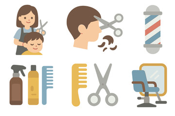 Children's Haircut Icons. Flat vector mini-illustrations cutting hair in colors children's illustrations: hairdresser cutting hair