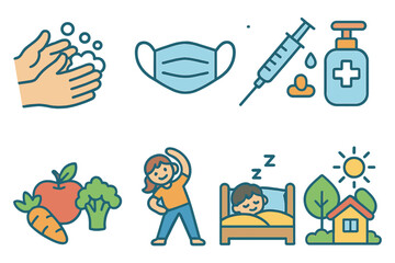 Children's Health Icons. Flat vector mini-illustrations illness prevention in colors children's illustrations: hand washing, face