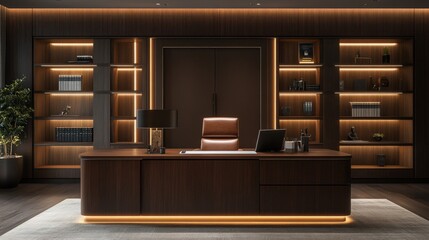 Modern Executive Office With Dark Wood Furnishings And Built In Bookshelves