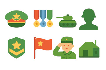 Children's Military Icons. Flat vector mini-illustrations military authority in colors children's illustrations: general&rsquo;s hat,