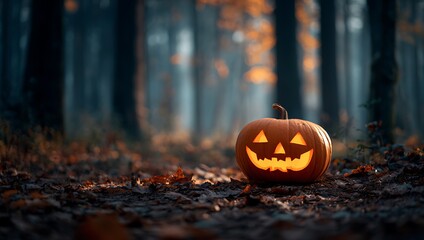 A glowing jack o lantern in a forest on a fall evening