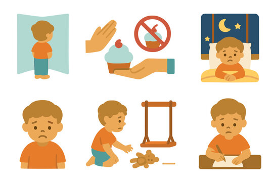 Child Punishment Icons. Flat vector mini-illustrations child punishments in colors children's illustrations: timeout corner, no