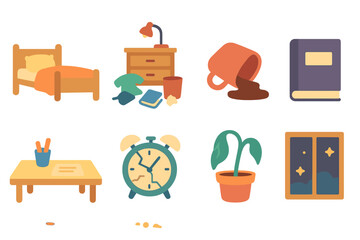 Childhood Chaos Grid. Flat vector mini-illustrations depression daily struggles in colors children's illustrations: empty bed,