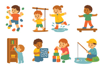 Children's Adventure Icons. Flat vector mini-illustrations challenges in colors children's illustrations: child climbing wall, kid