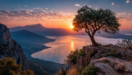 Naklejka premium Sunrise over a mountain valley with a lone tree on a cliff
